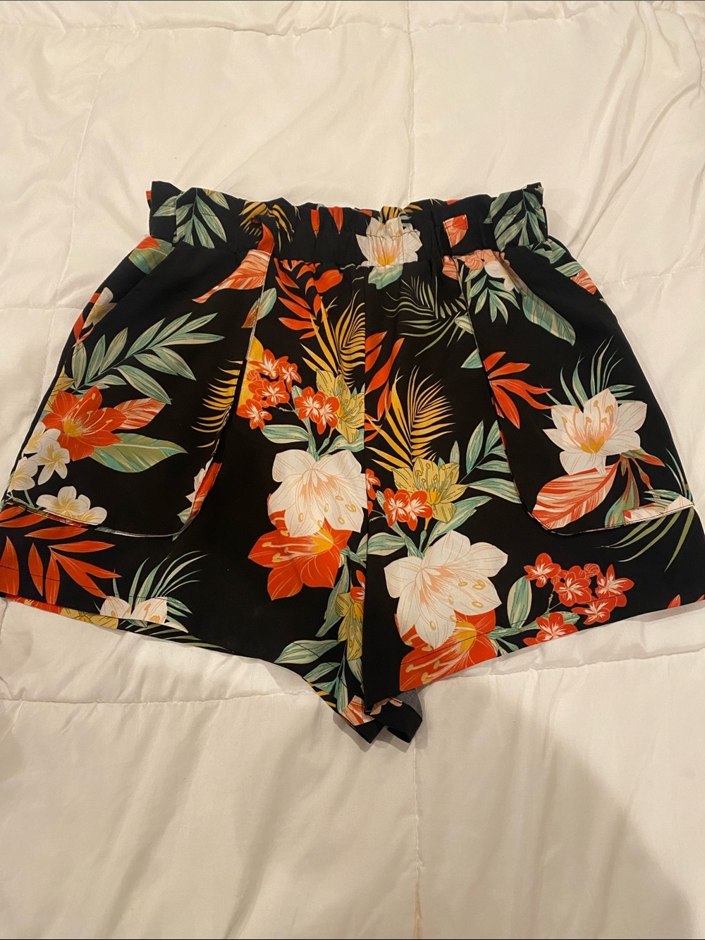 Floral Paperbag Waist Women's Shorts - Black with Orange & Green Floral